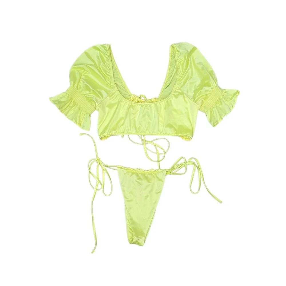 Frankies Bikinis Naomi Osaka Neon Yellow Satin Puff Sleeve Bikini Set Medium